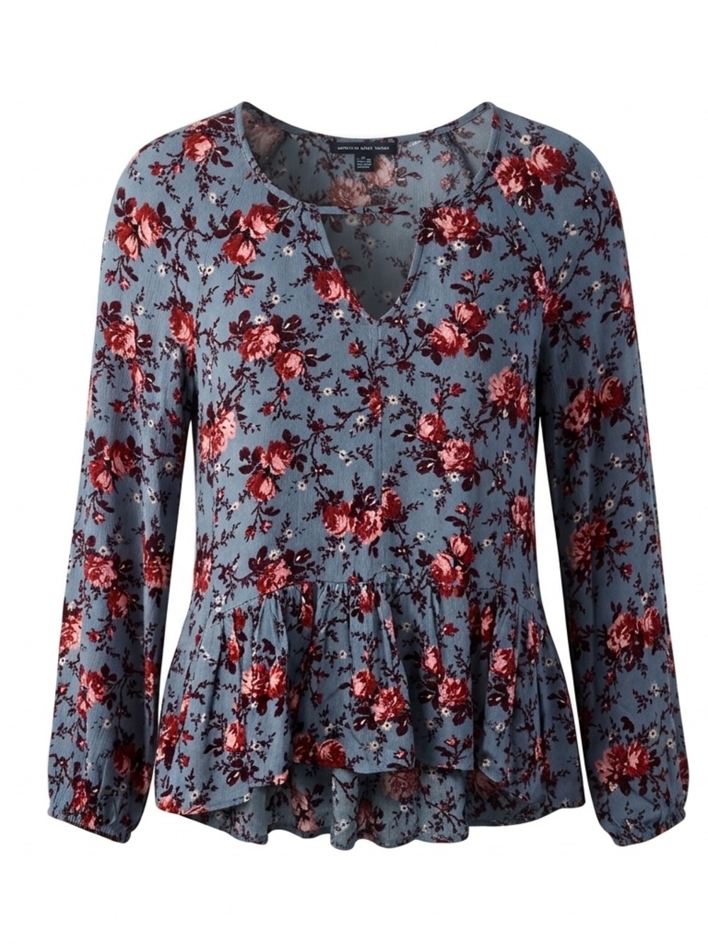 American Eagle Floral Peplum Blouse Blue Burgundy V-Neck Long Sleeve Small
